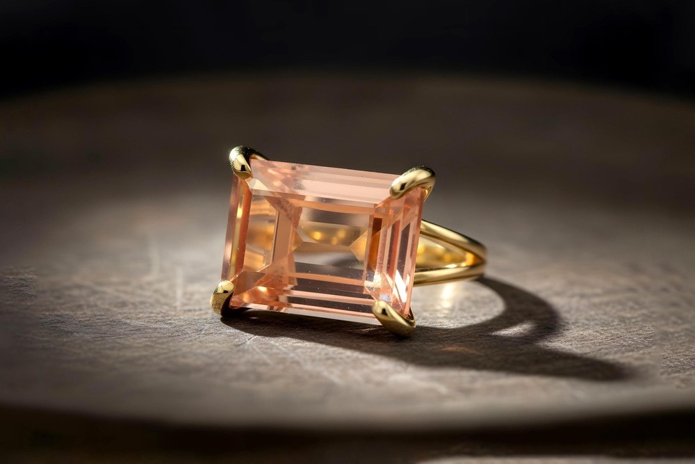 Morganite Ring Anemone 18k Peach Gold Emerald Cut Rectangular Stone