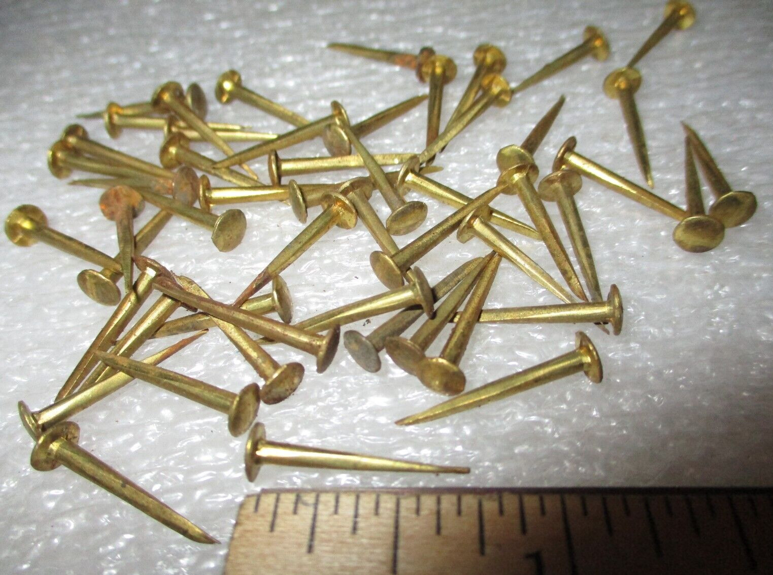 50-ANTIQUE SOLID BRASS 5/8" LONG CANOE TACKS-SHARP NAILS 13/64” ROUND DOMED HEAD