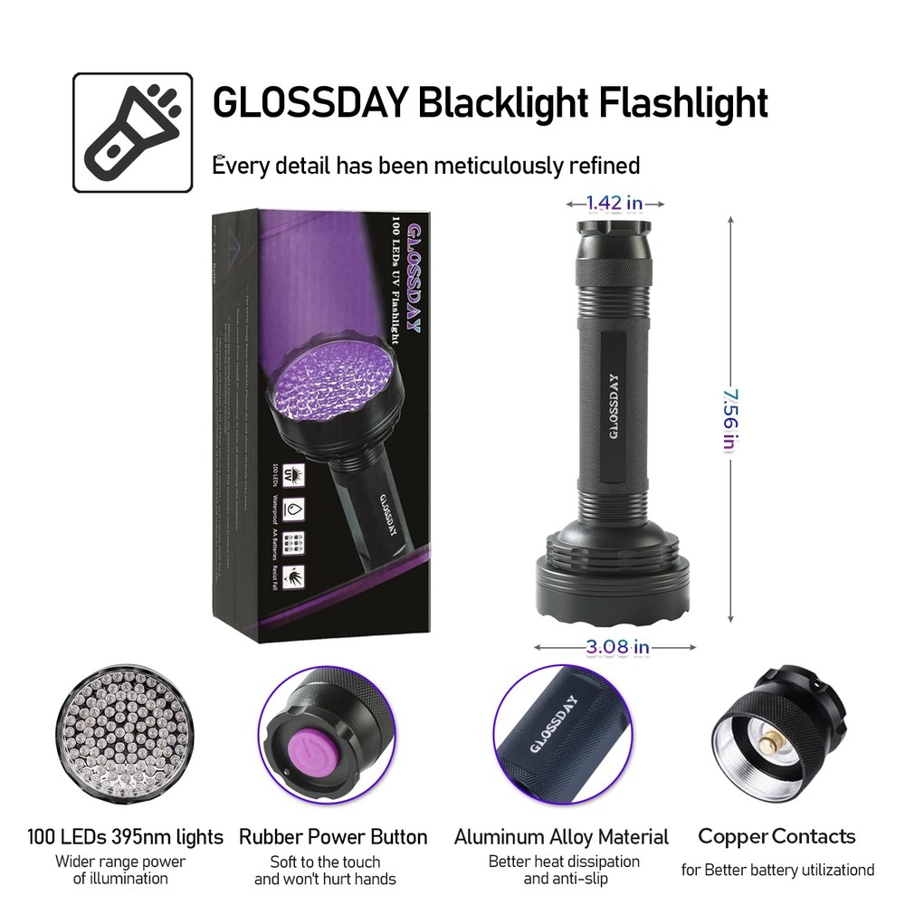 GLOSSDAY UV Flashlight Black Light, 100 LED Light 100LED,