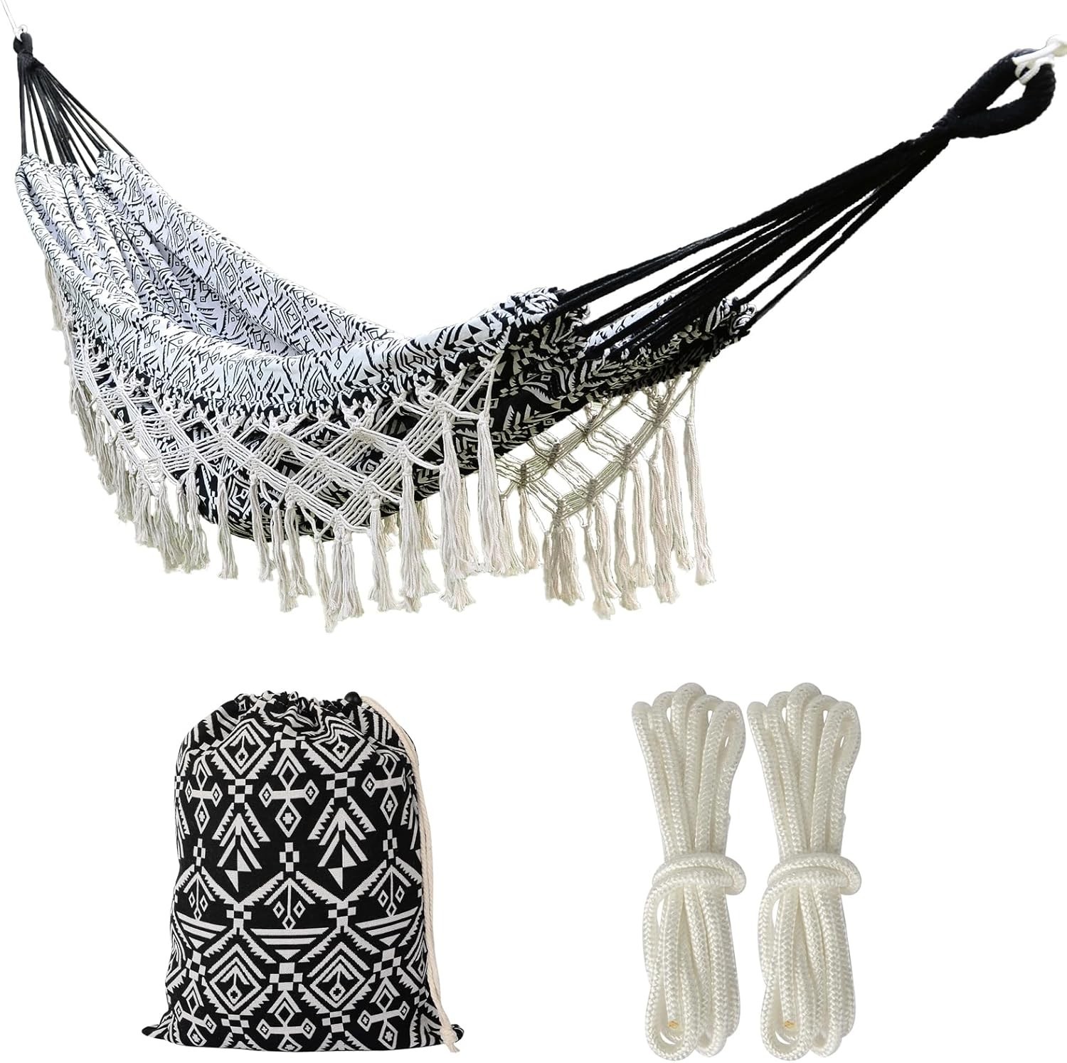 Bohemian Striped Tassel Double Hammock - 100% Cotton, Durable & Easy to Store