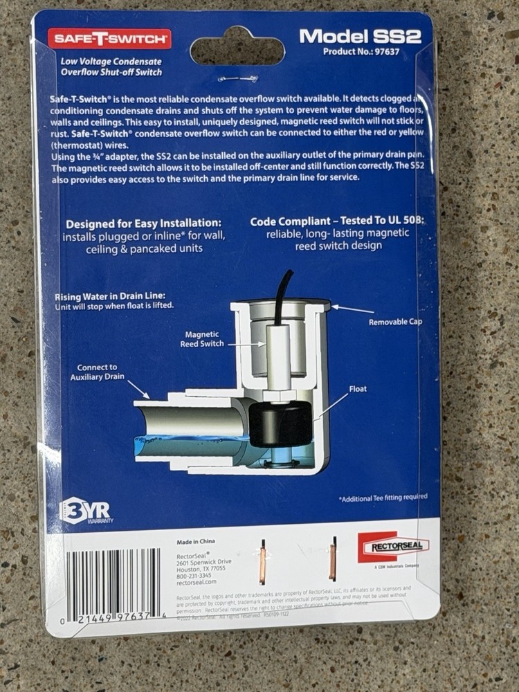 RectorSeal Safe-T-Switch SS2 Low Voltage Condensate Overflow Switch