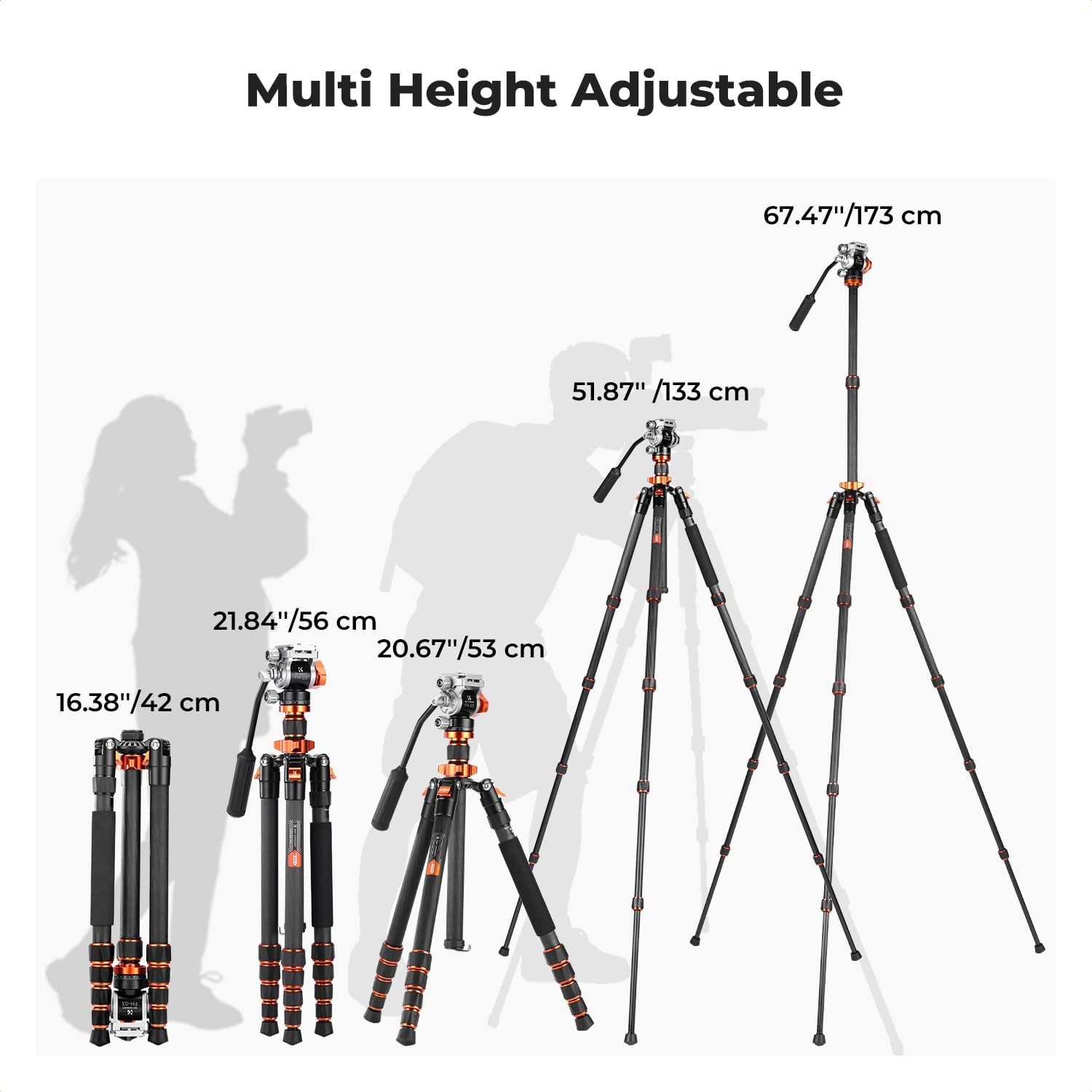 K&F Concept 67" Carbon Fiber Tripod Video Tripod w/ Fluid Head Load Capacity 8kg