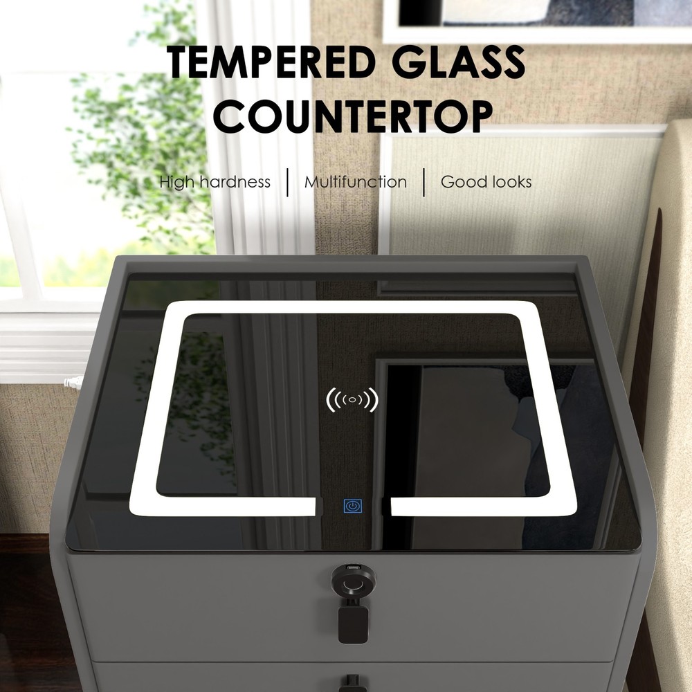24" Modern Bedroom Smart Bedside Table Fingerprint Unlocking+Bluetooth+Led