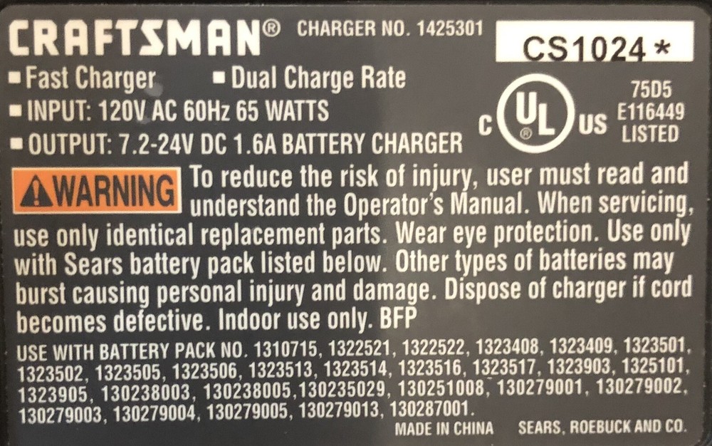 CRAFTSMAN CS1024 BATTERY CHARGER (LIGHTLY USED)