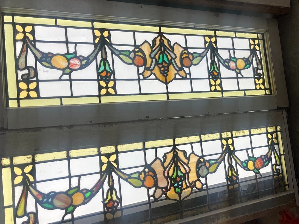 Matched pair stained glass hanging fruit windows