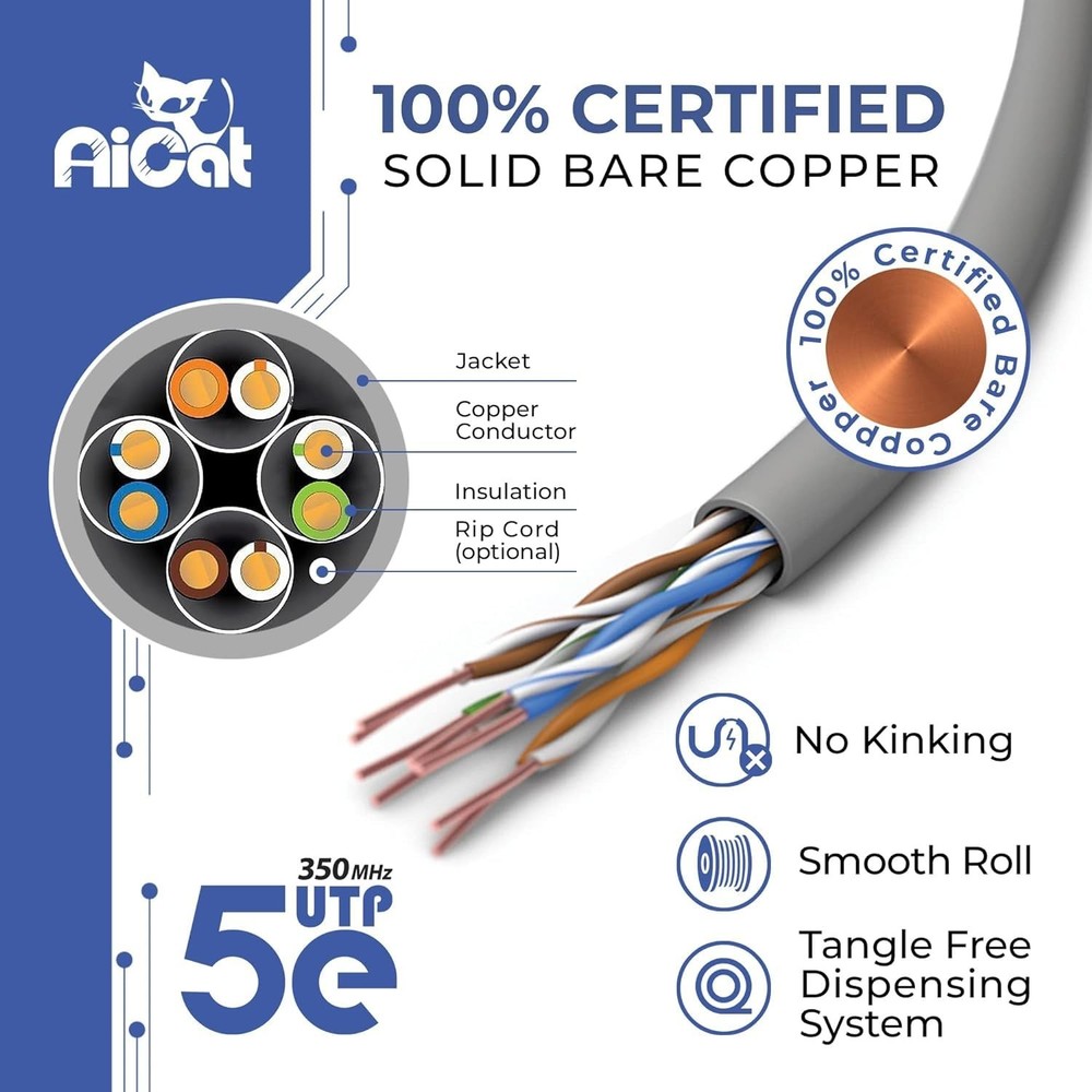 AiCat Cat 5e Ethernet Cable 1000ft Riser CMR - Insulated Solid Bare Copper Wi...