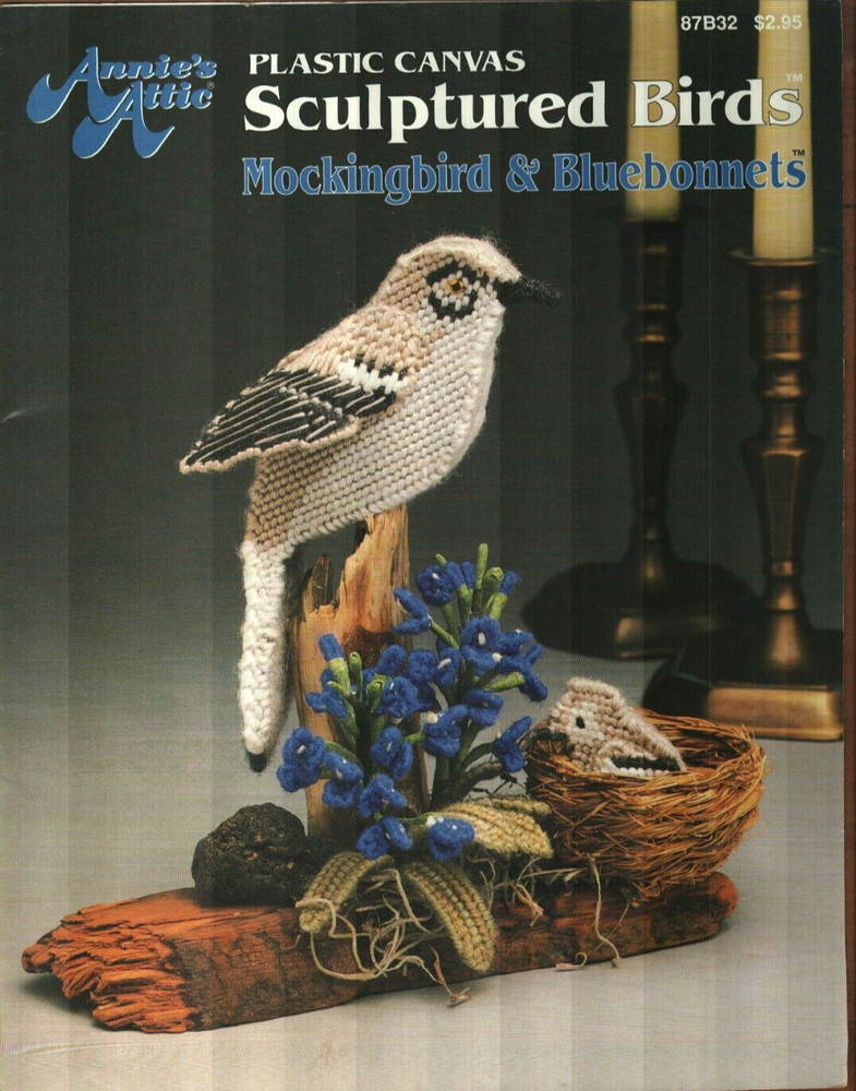 USED SCULPTURED BIRDS MOCKINGBIRD & BLUEBONNETS ANNIE'S PLASTIC CANVAS PATTERN
