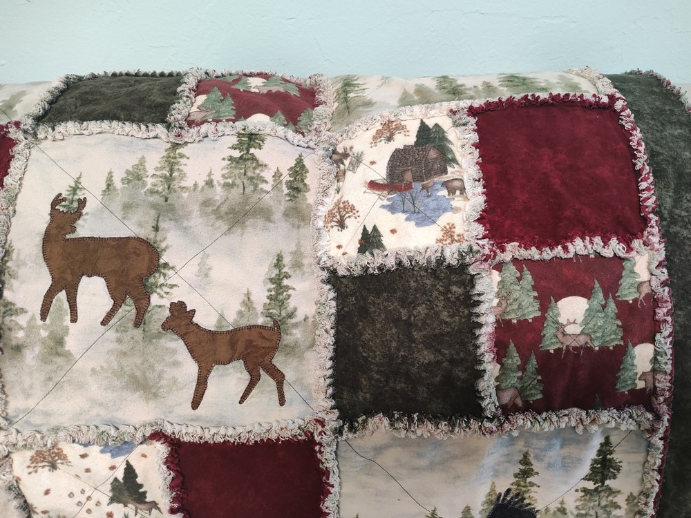 Lodge Woods Moose Bear Eagle Applique Patchwork Throw Quilt Wall Hanging 47x58"