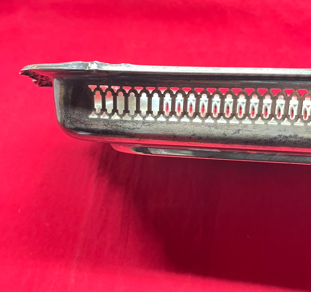 VTG 19" Tarnished Silver Plated Rectangular Butler Serving Tray Pierced Gallery