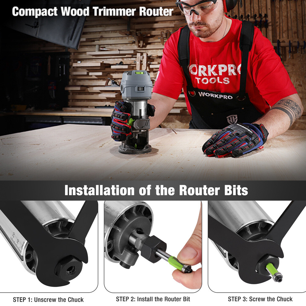 WORKPRO Compact Router Kit 6.5Amp Corded Trimmer Router Tool W/6 Variable Speeds
