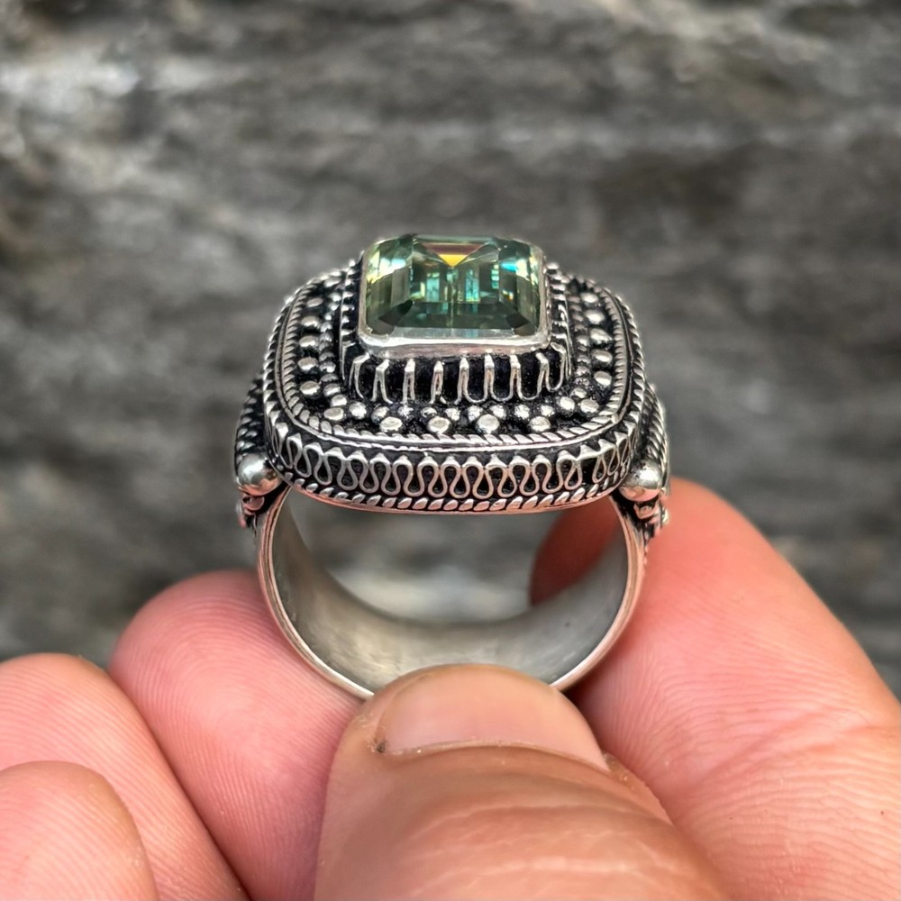 Moissanite In Handmade Silver Ring , Antique Design