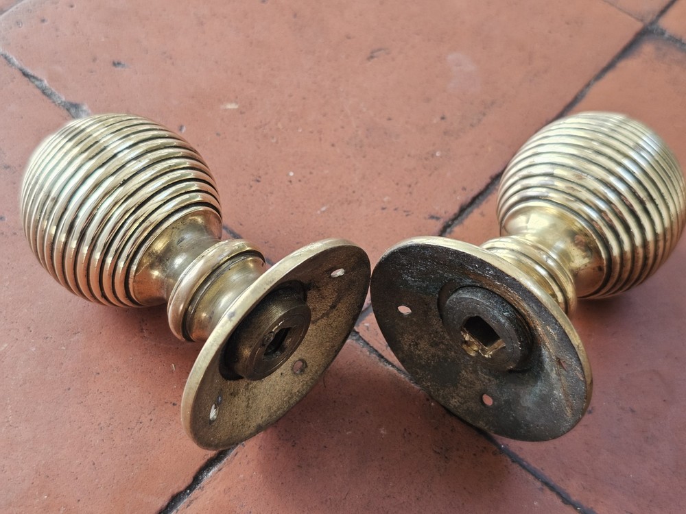 Antique original brass beehive mortice lock door knobs
