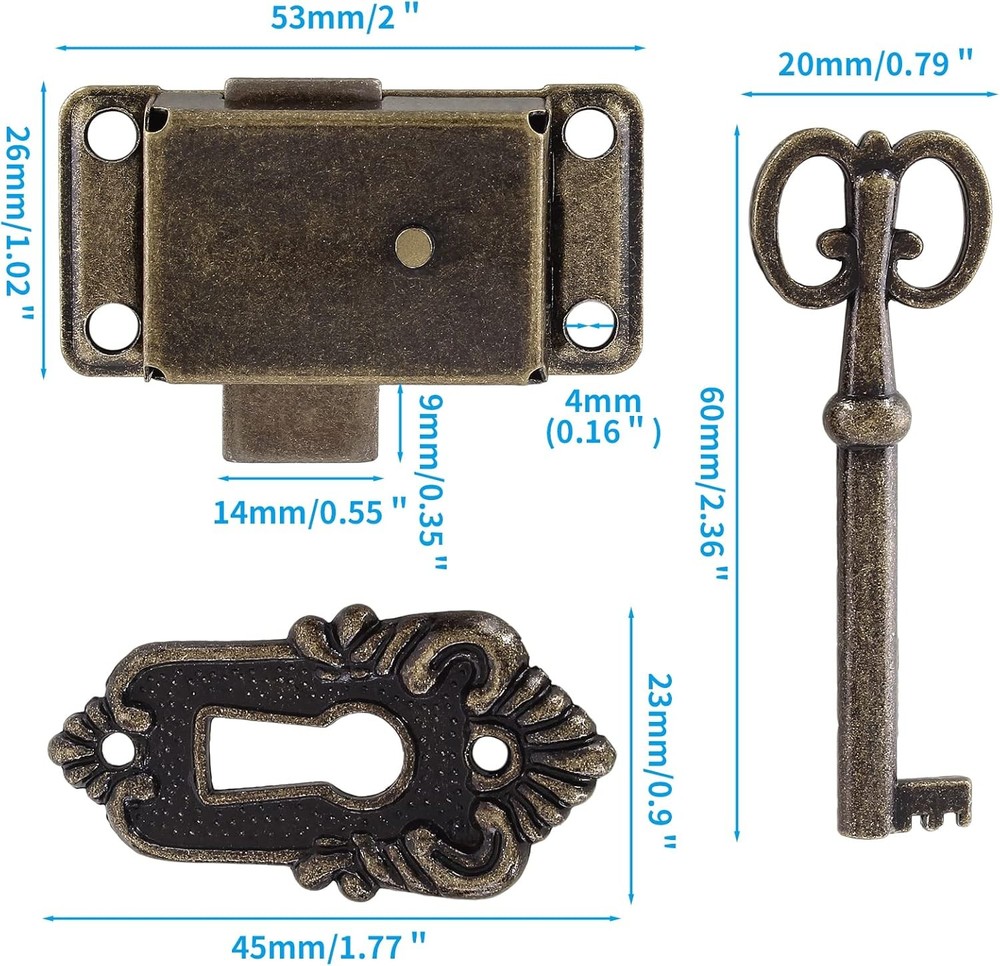 2 Sets Skeleton Key Lock Decorative Antique Bronze Cabinet