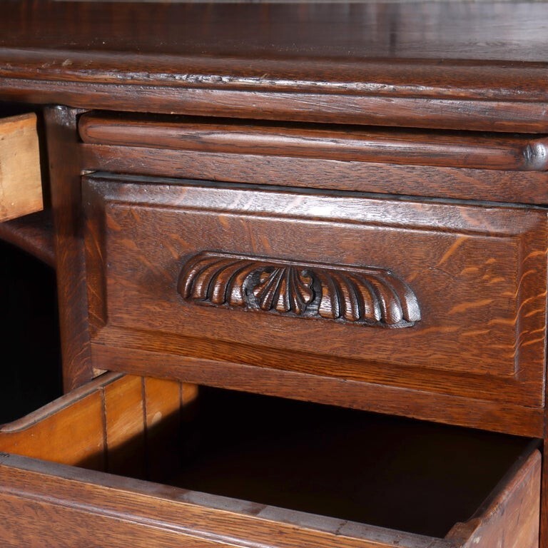 Derby Oak Raised Panel S-Roll Top Desk with Carved Pulls c1920