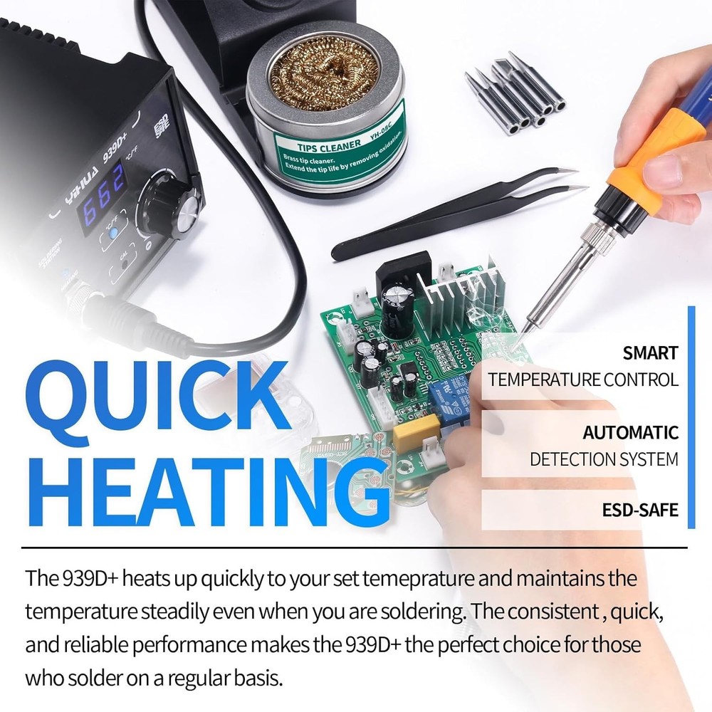 939D+ Digital Soldering Station - ESD Safe, LCD Display, Precision Heat Control
