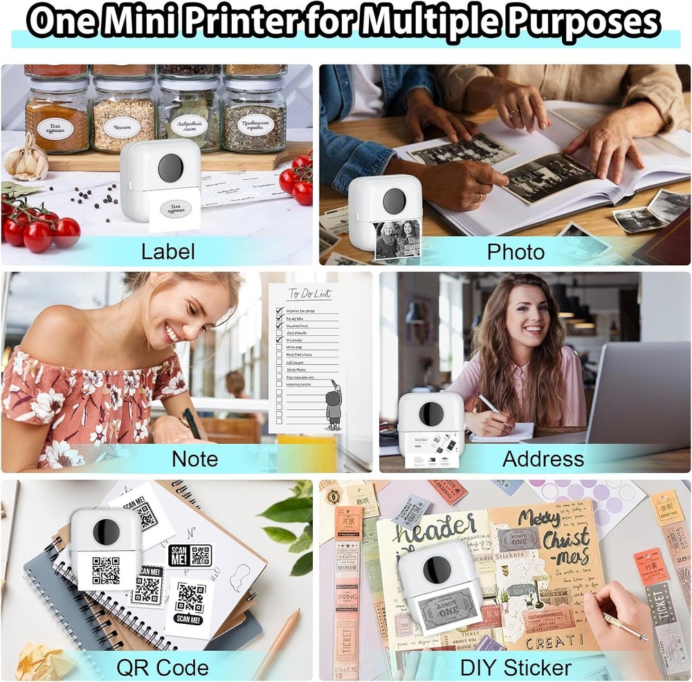 Mini Sticker Printer - Bluetooth Smart Pocket Inkless Thermal Printer w/10 Rolls