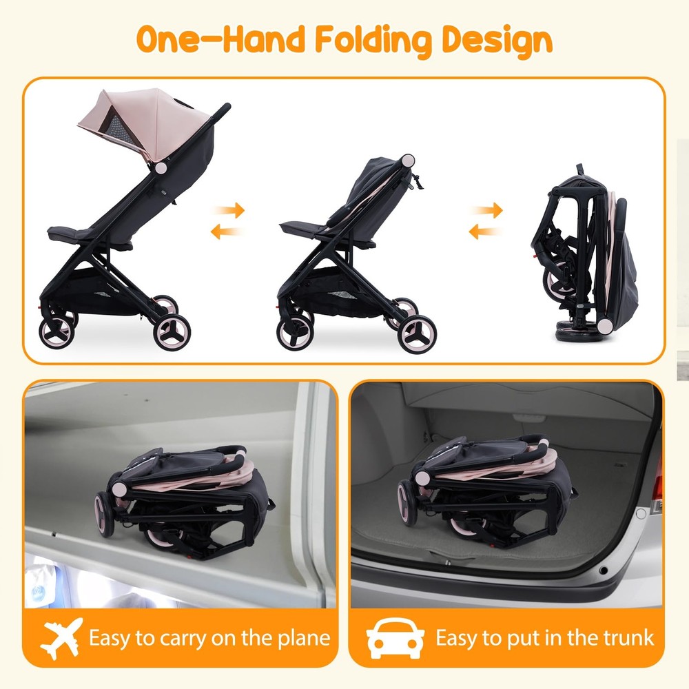 Lightweight Travel Stroller, Foldable Compact Stroller w/Reclining Seat & Canopy