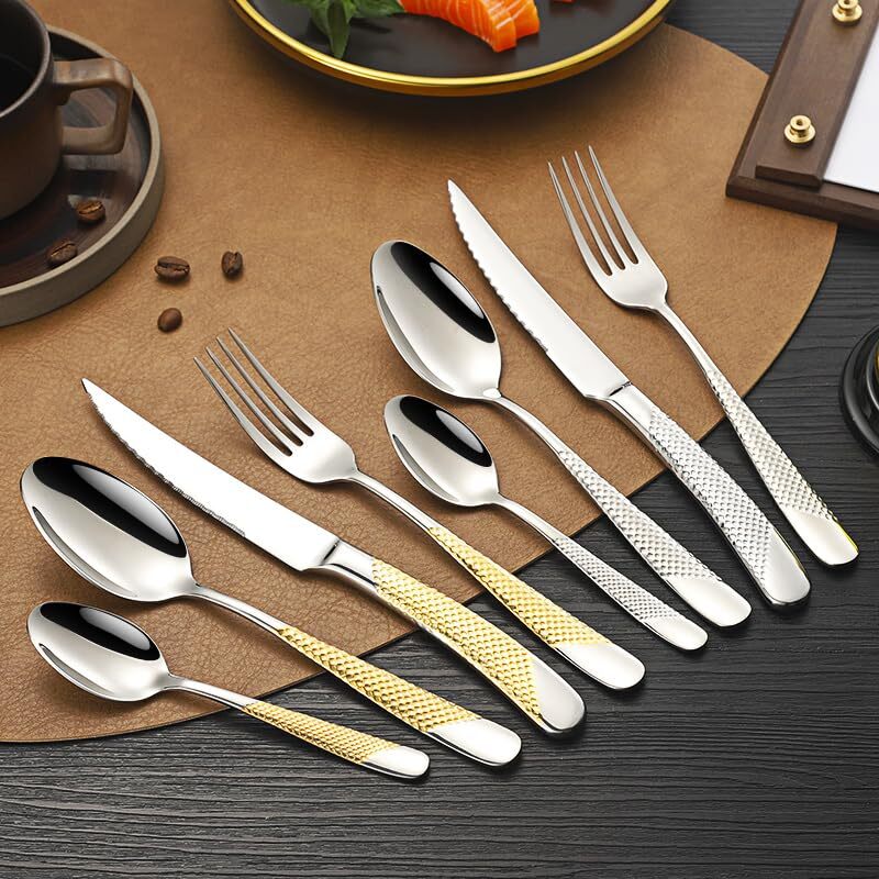 Silver Hammered Silverware Set for 6 Rustproof Stainless Steel Flatware Cutle...