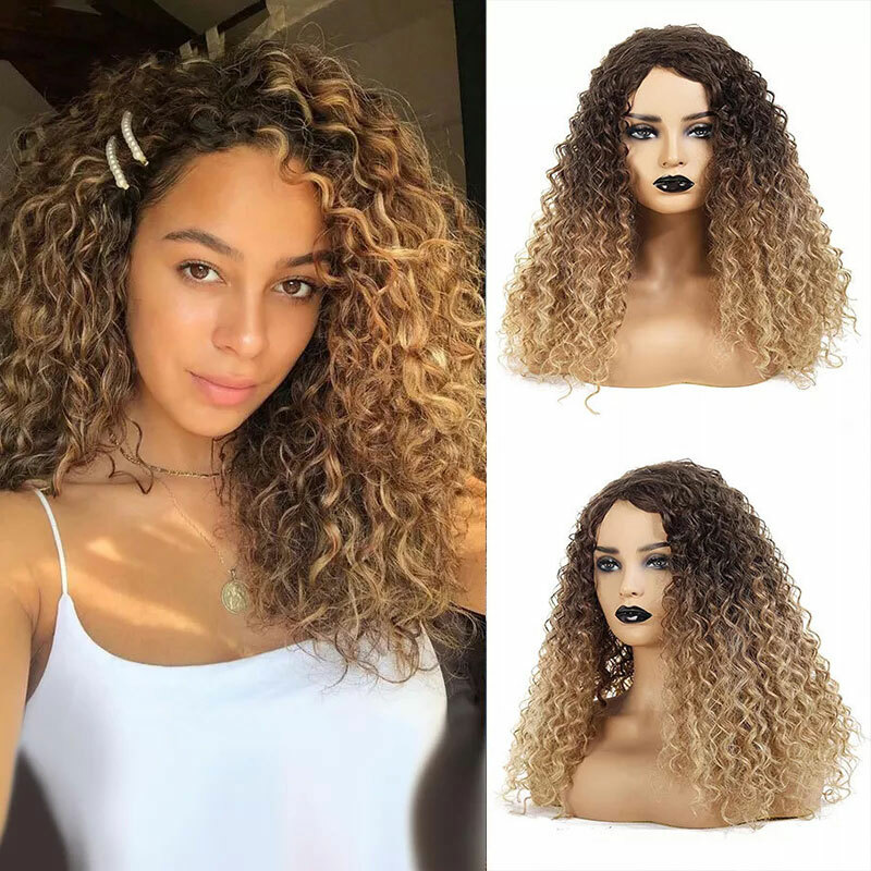 Ombre Brown Culry Wig for Women Brown to Blond Cosplay Wigs Synthetic Hair Wigs