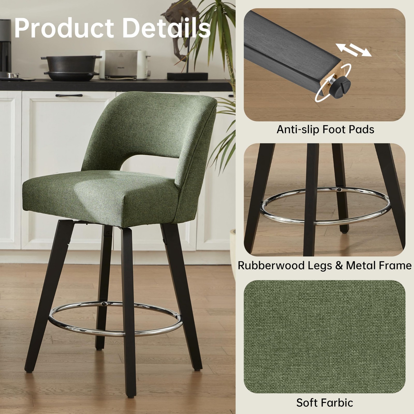 Green Modern Bar Stools Set of 2 with Supportive Back for Kitchen Island