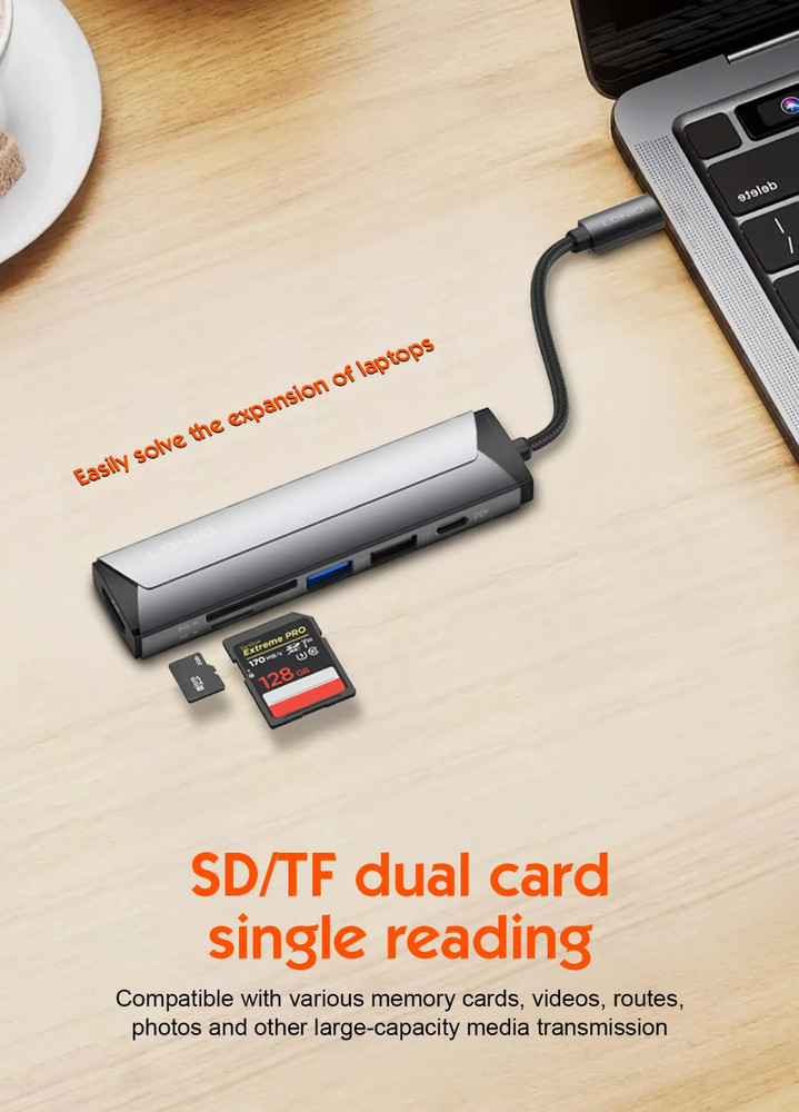 6 in 1 USB-C Multi-function Docking Station PD100W Type-C HDMI SD TF, 2x USB-A