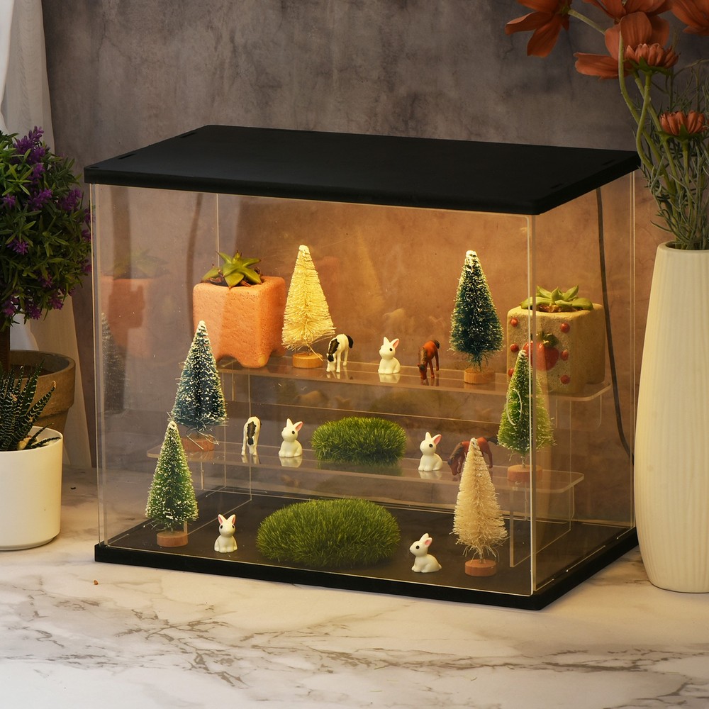 3 Tier Acrylic Display Case with LED Light Transparent Showcase Boxes Black
