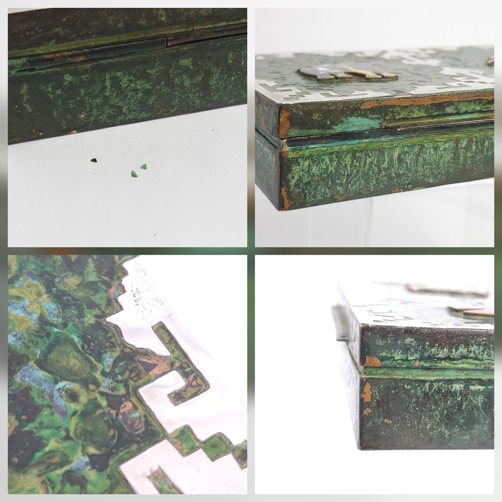 Vintage Peru Enameled Copper Cigarette Trinket Box Silver Tone Metal Bird Bull