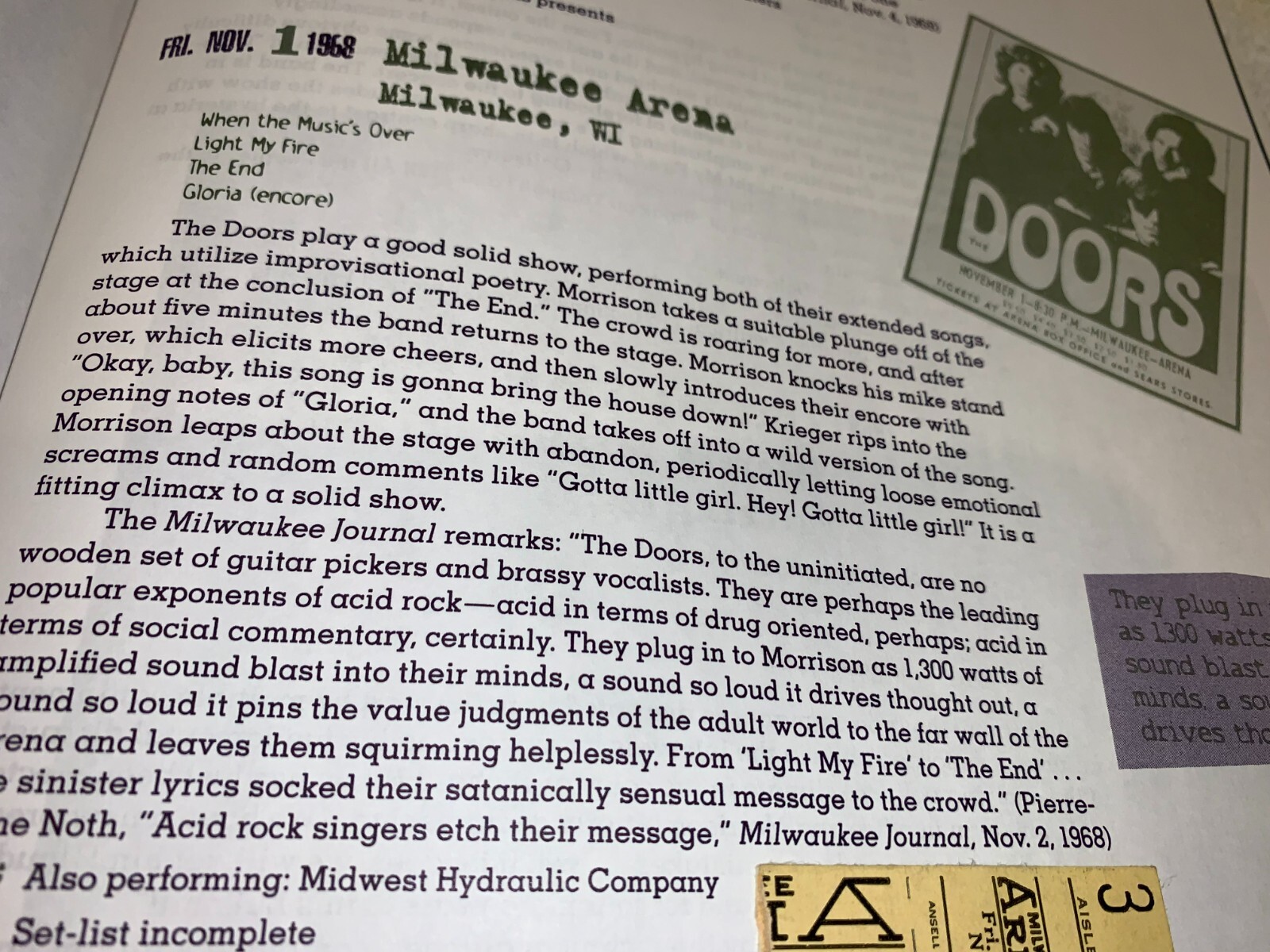THE DOORS 1968 CONCERT TICKET JIM MORRISON MILWAUKEE Robby Krieger Ephemera USA