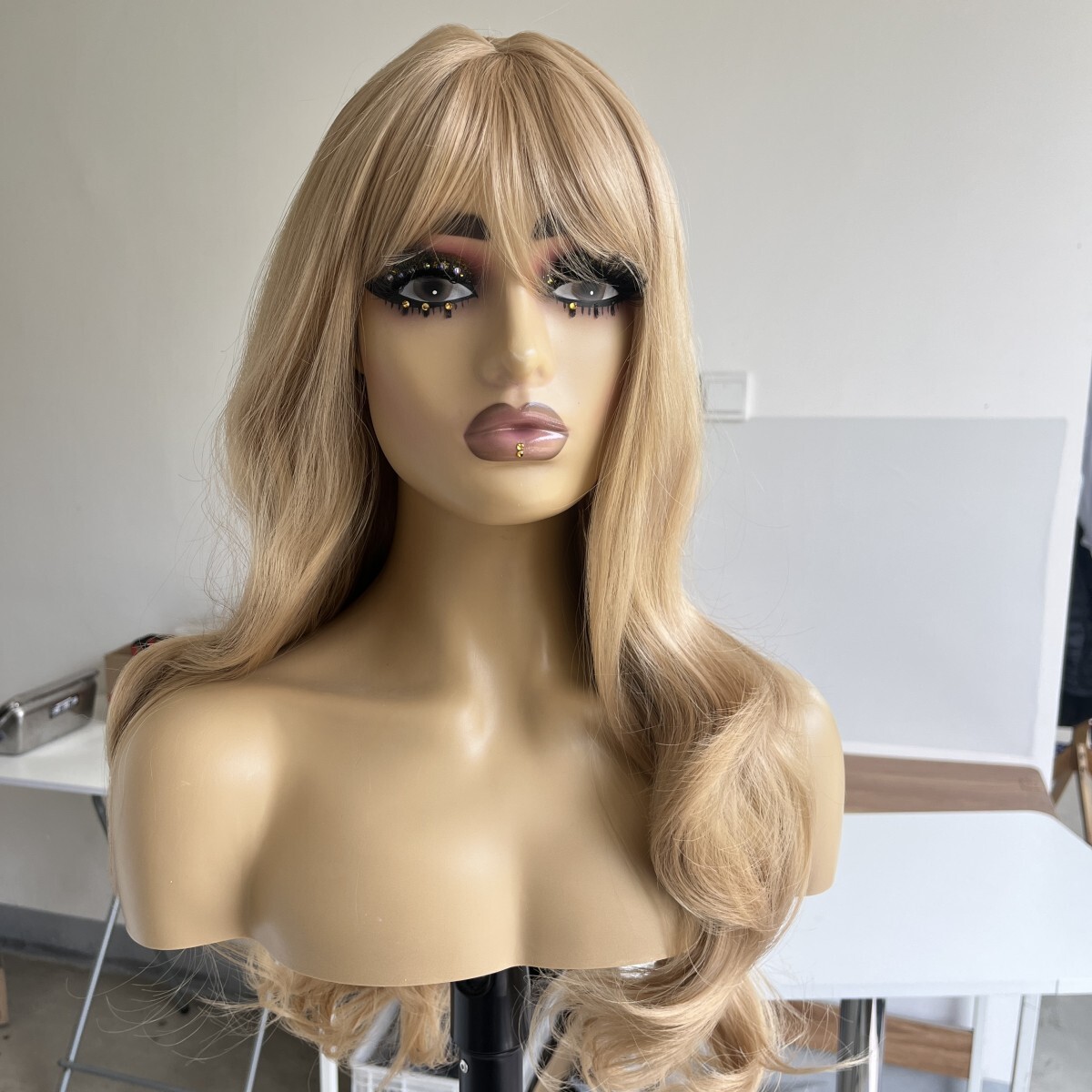 Soft Layered Honey blonde Dress Up Wigs With Bangs Long Wavy Heat Resistant Hair