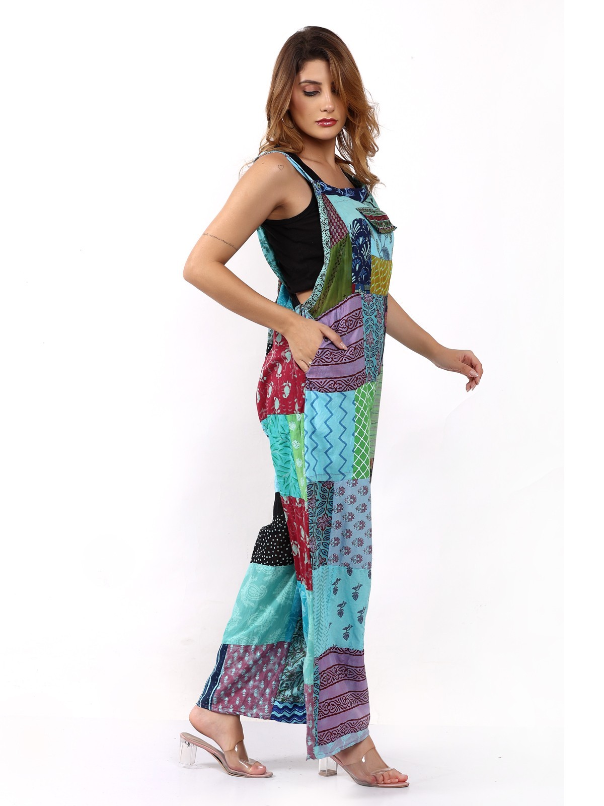 Women's Casual Patchwork Pocket Wide Leg Floral Print Rompers Jumpsuit Dress