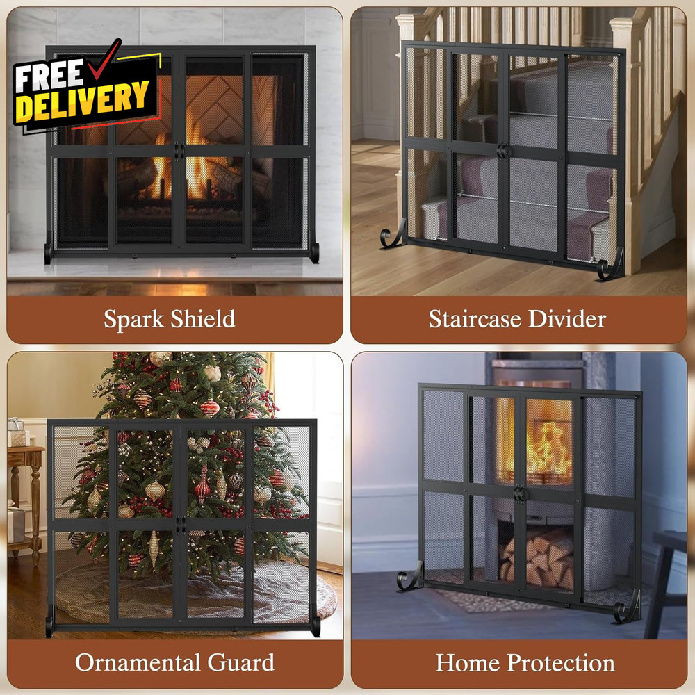 Fireplace Screen with Sliding Doors Wrought Iron Spark Guard Gate Protector