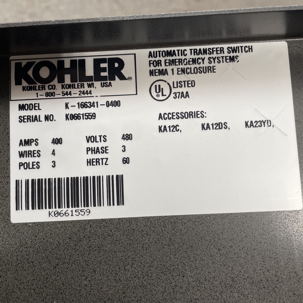 Kohler K-166341-0400 Automatic Transfer Switch - 400 Amp - 480 Volt - 3 Phase