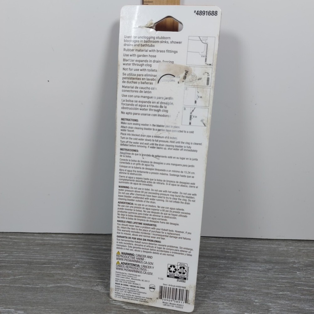 Kobalt Small Drain Bladder. 4891687 Open Package