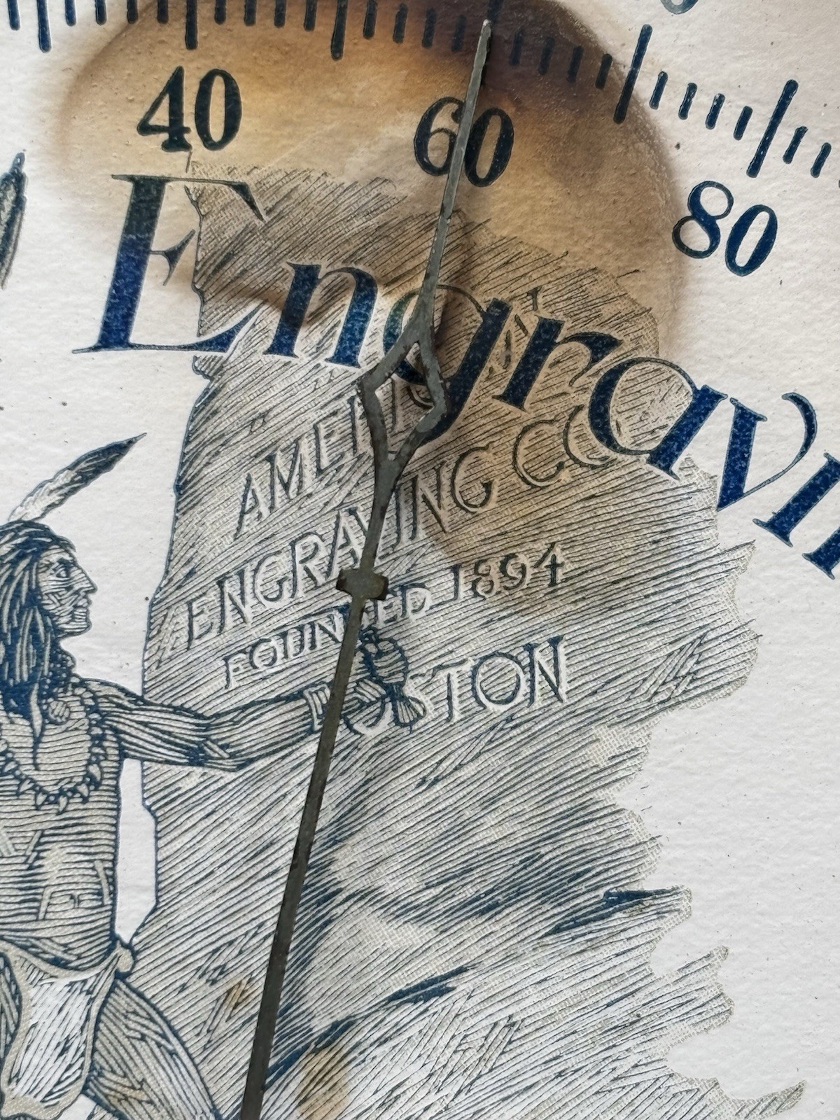 Antique Original RARE American Engraving Thermometer Trade Sign Indian Eagle MA