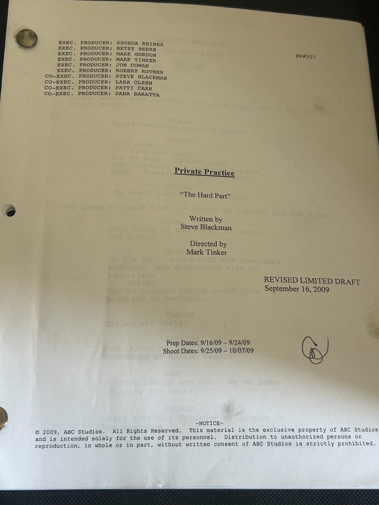 ORIGINAL SCRIPT PRIVATE PRACTICE THE HARD PART KATE WALSH TIM DALY