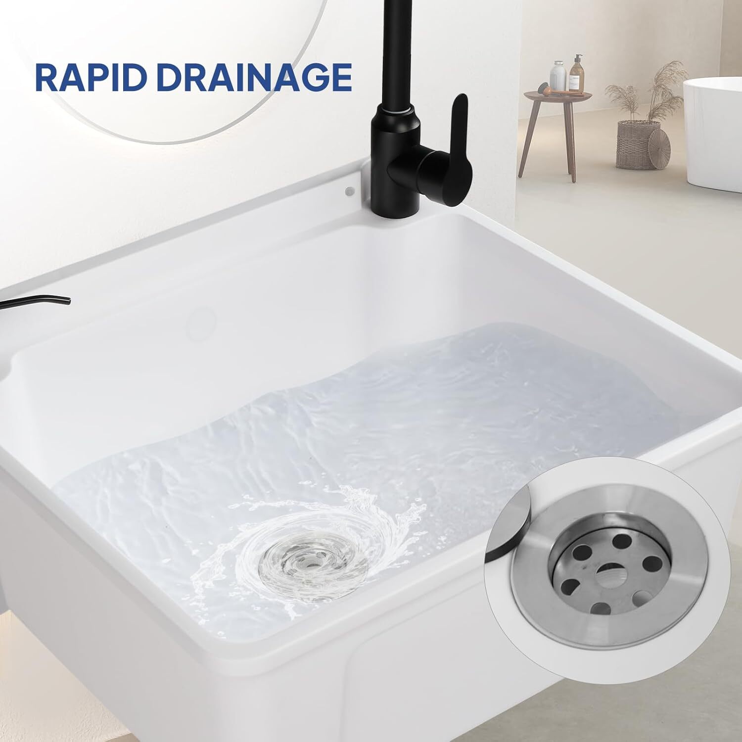 Plastic Wall-Mounted Utility Sink, Wall-Mounted Utility Tub with Hot&Cold Faucet