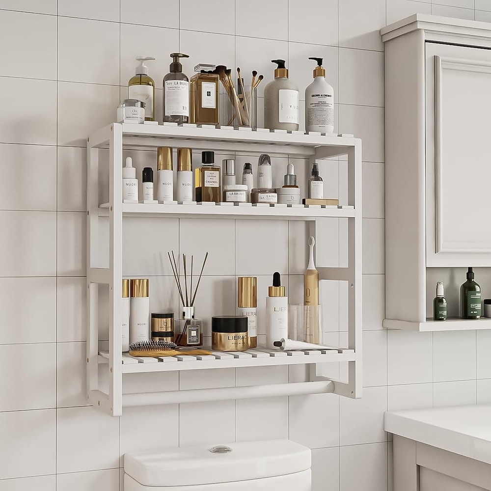 Adjustable Wall-Mounted Bamboo Shelf for Bathroom - 3 Tier Storage Solution