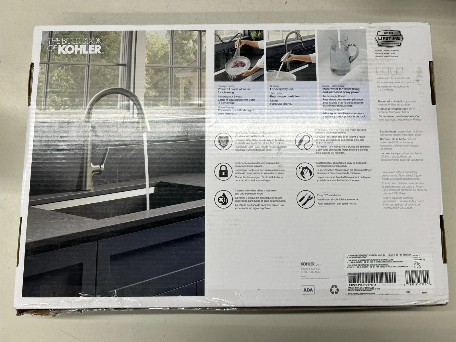 KOHLER GUILD Pull-Down Kitchen Faucet 3-Function Spray in STAINLESS STEEL Opened