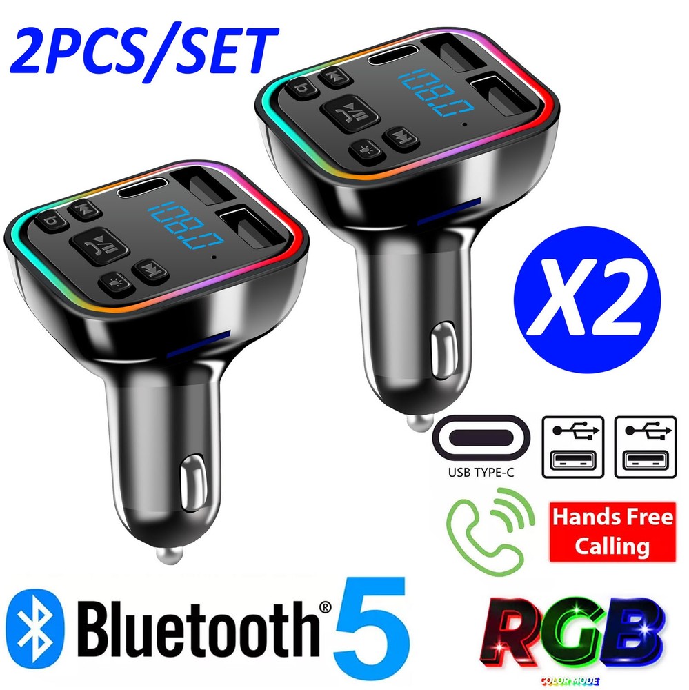 2pc Car Wireless FM Transmitter Adapter 2USB PD Charger Hands-Free Bluetooth 5.0