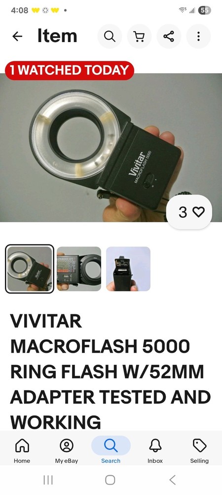 VIVITAR MACROFLASH 5000 RING FLASH W/52MM ADAPTER TESTED AND WORKING