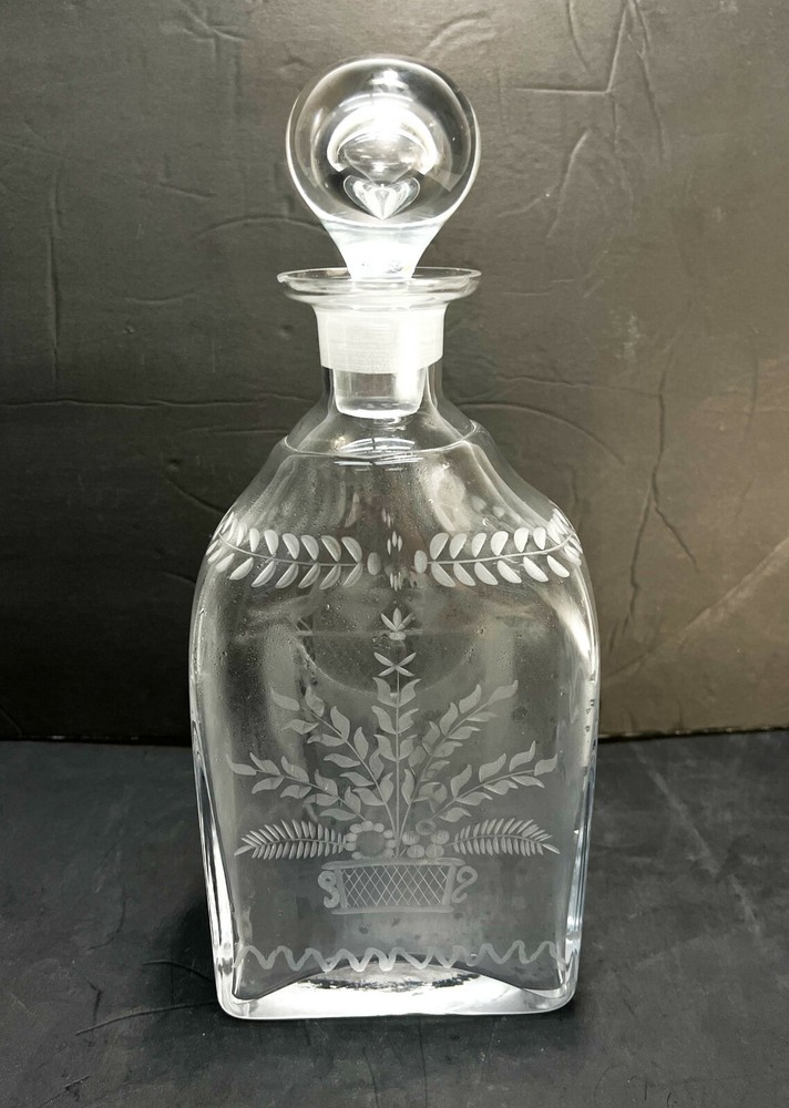 Continental Acid Etched Rectangular Decanter, Mid Century. Birds