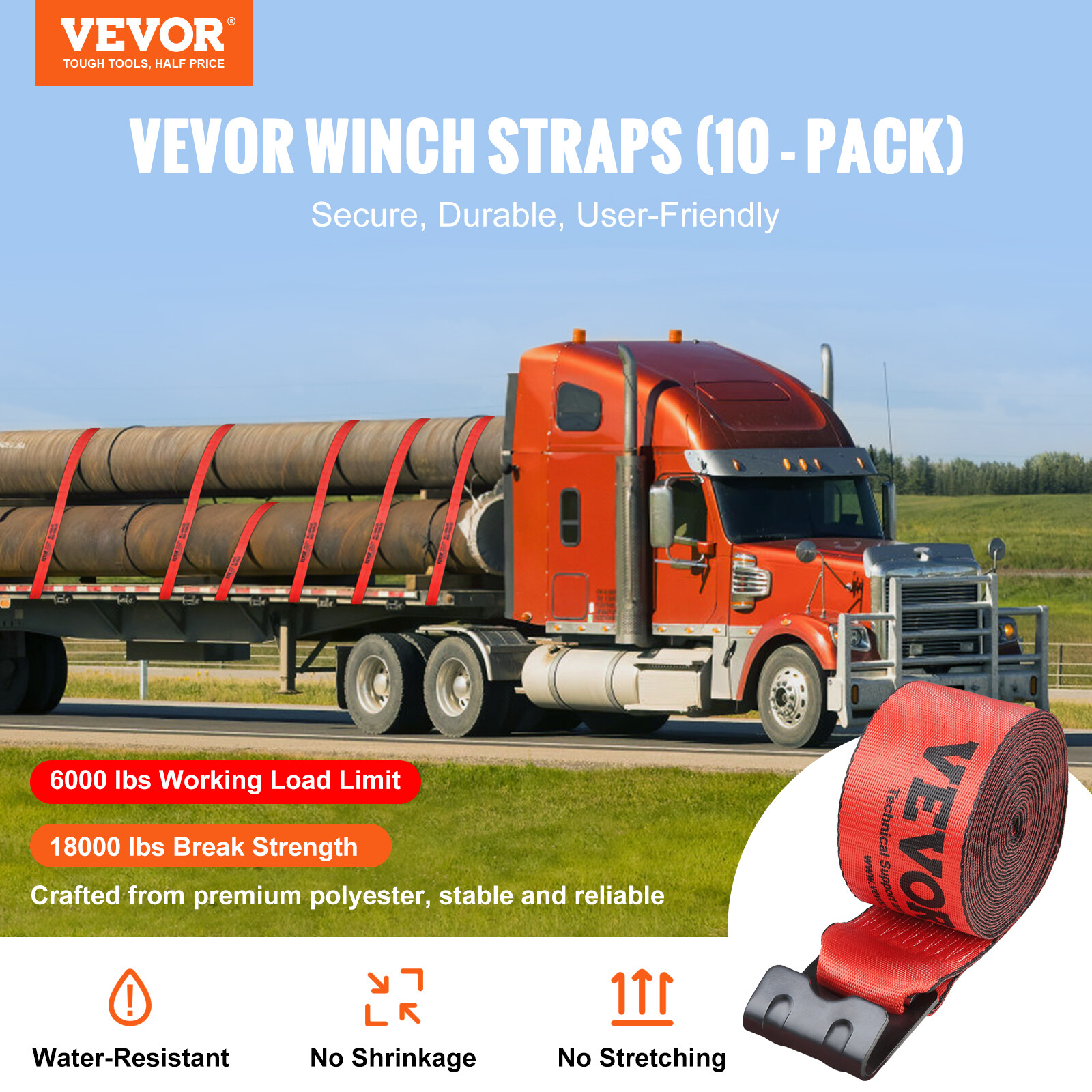 VEVOR 4" x 30' Truck Straps Tie Down Winch Straps w/ Flat Hooks 10 Pack Red