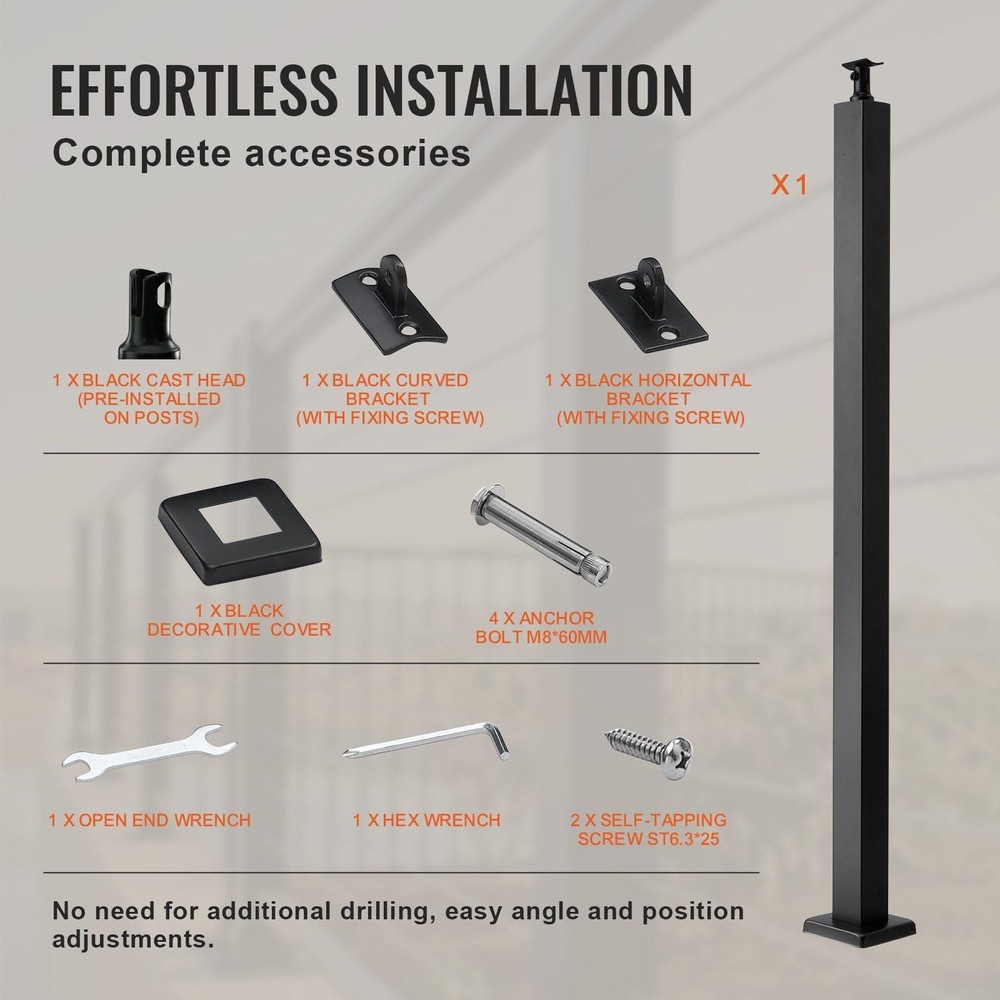 Cable Railing Post, 42" x 2" x 2" Steel Level Deck Railing Post Without Holes,