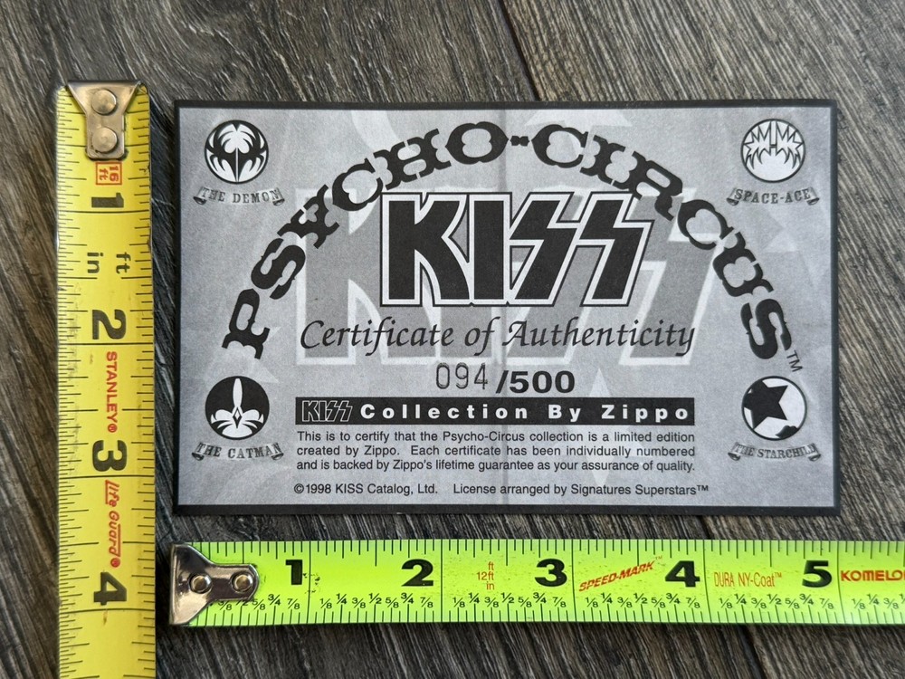 KISS CoA for Zippo Lighter Set Psycho Circus 1998 Vintage Kiss Memorabilia