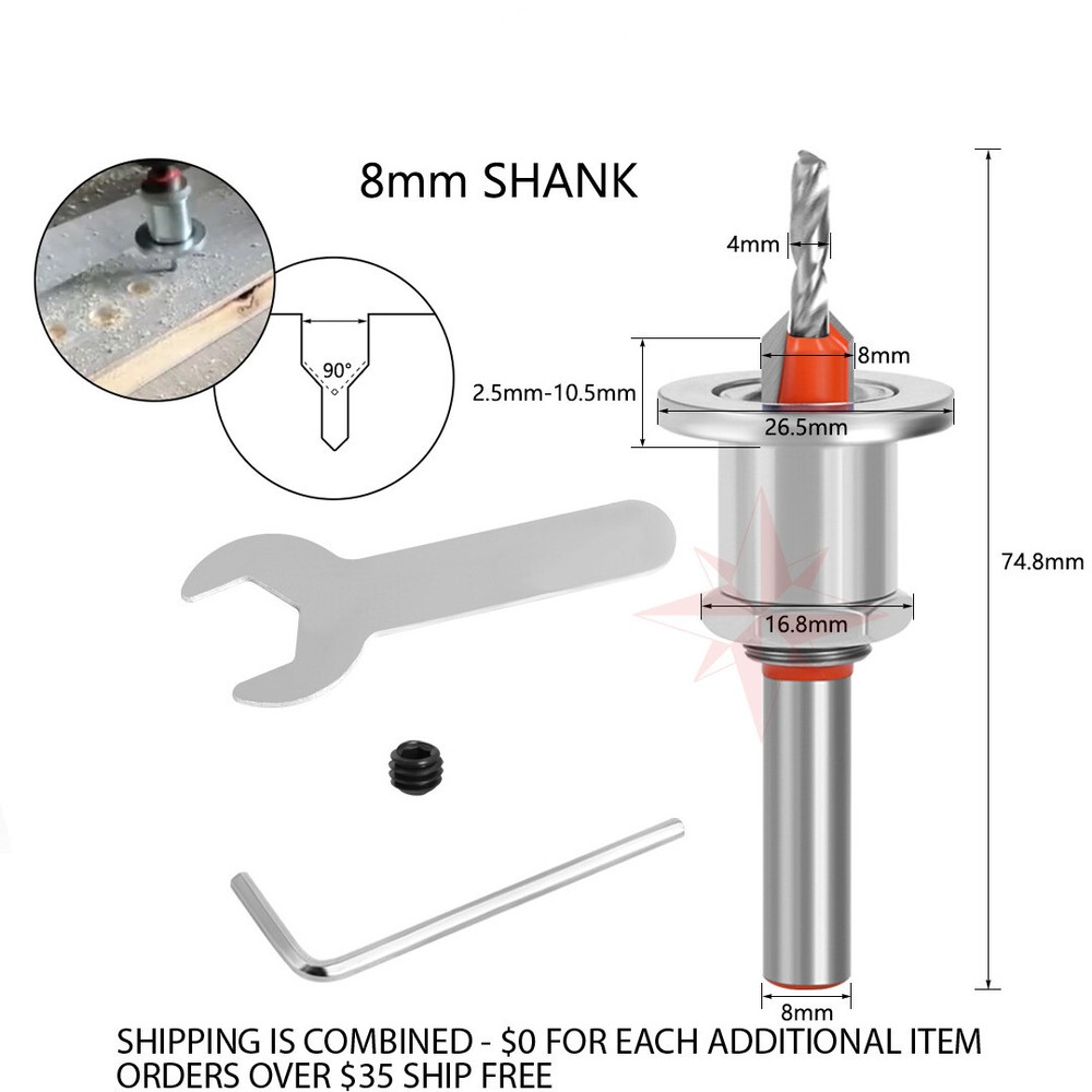 5 PIECE 8mm Adjustable Counterbore Countersink Drills Bits- DEPTH STOP Drill Bit