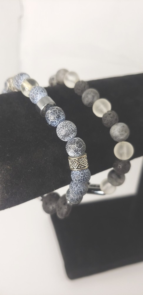 Beaded Stackable Gemstone Bracelet Set| Lava Stone & Cracked Agate Bracelets