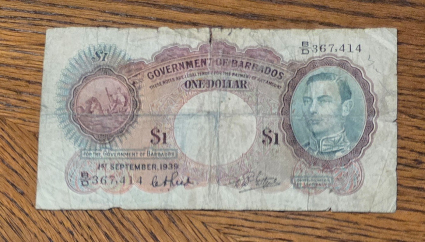 Barbados  vintage vintage Banknote, 1 dollar 1939,  KGVI. Used, Rare.