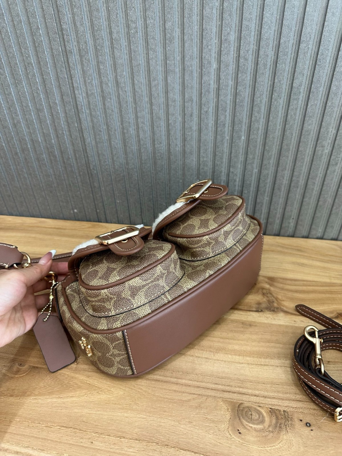 Ashton Baguette Bag In Signature Canvas Tan/Natural CY658 Outlet NEW