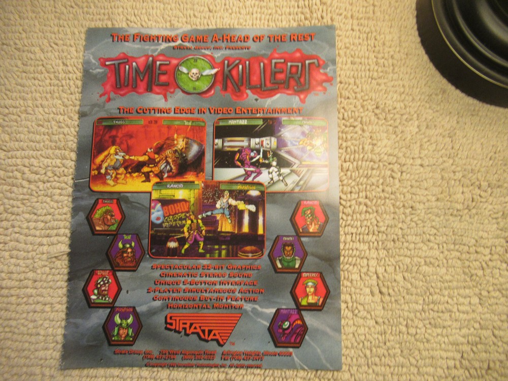 Original 1992 ad 11- 8.5''  time killers strata  ARCADE VIDEO GAME FLYER
