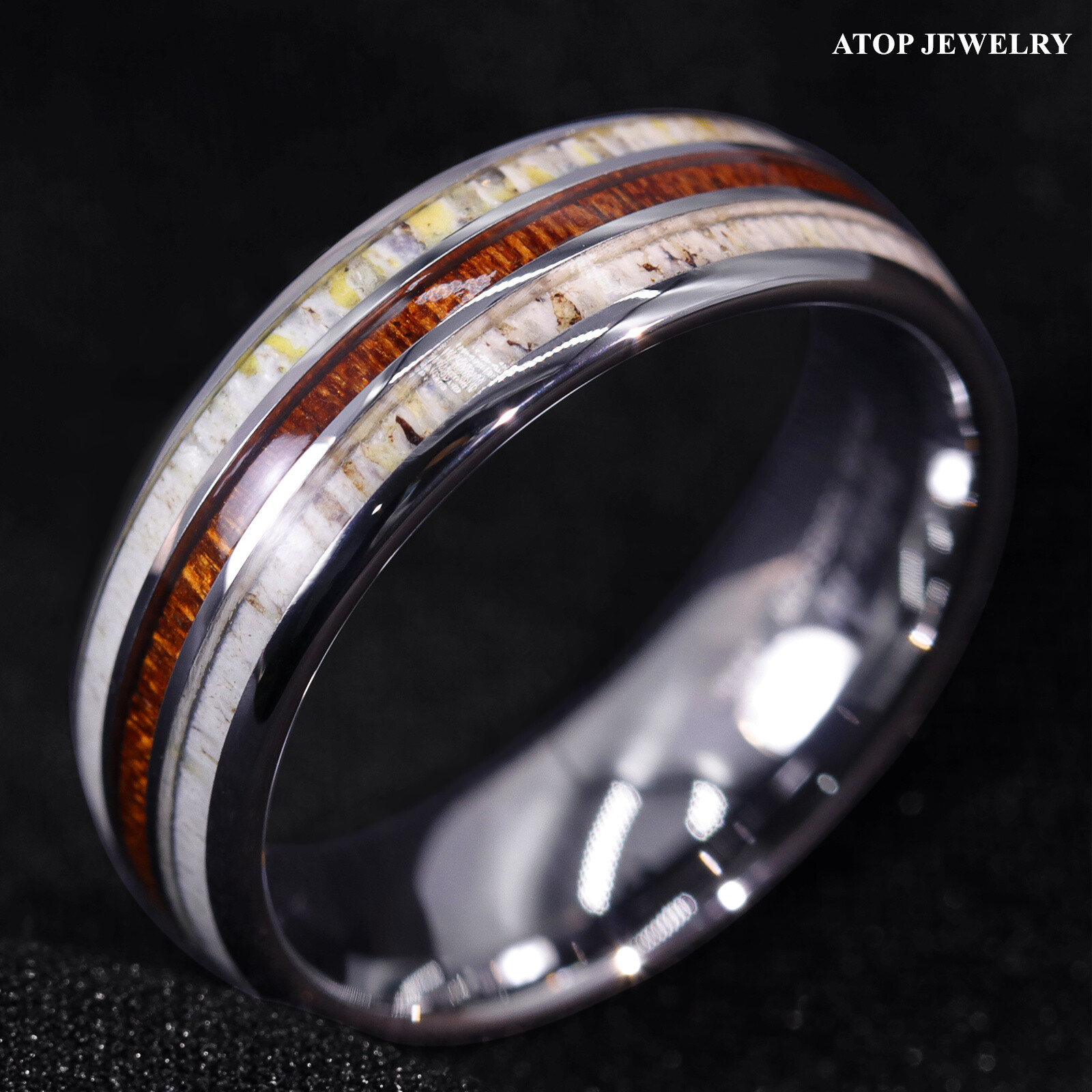 8mm Silver Tungsten Ring With Deer Antler Koa Wood Men Wedding Band ATOP Jewelry